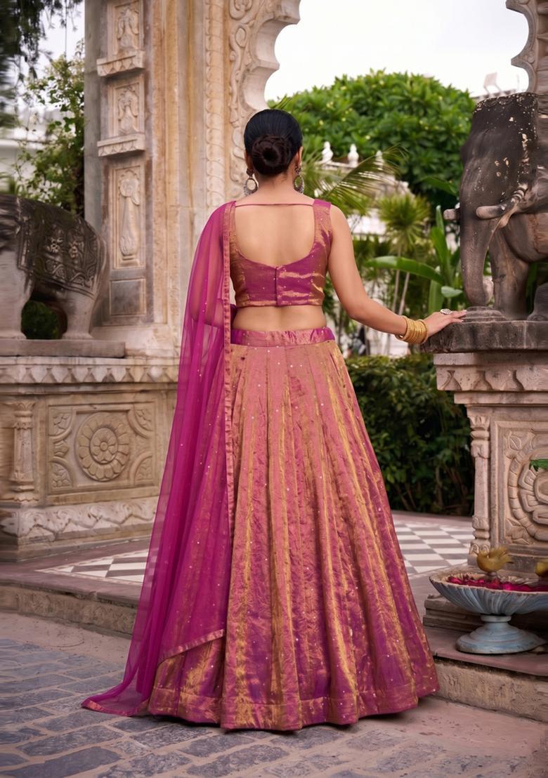 Rani Pink Embroidered Crepe Lehenga Set - Indya