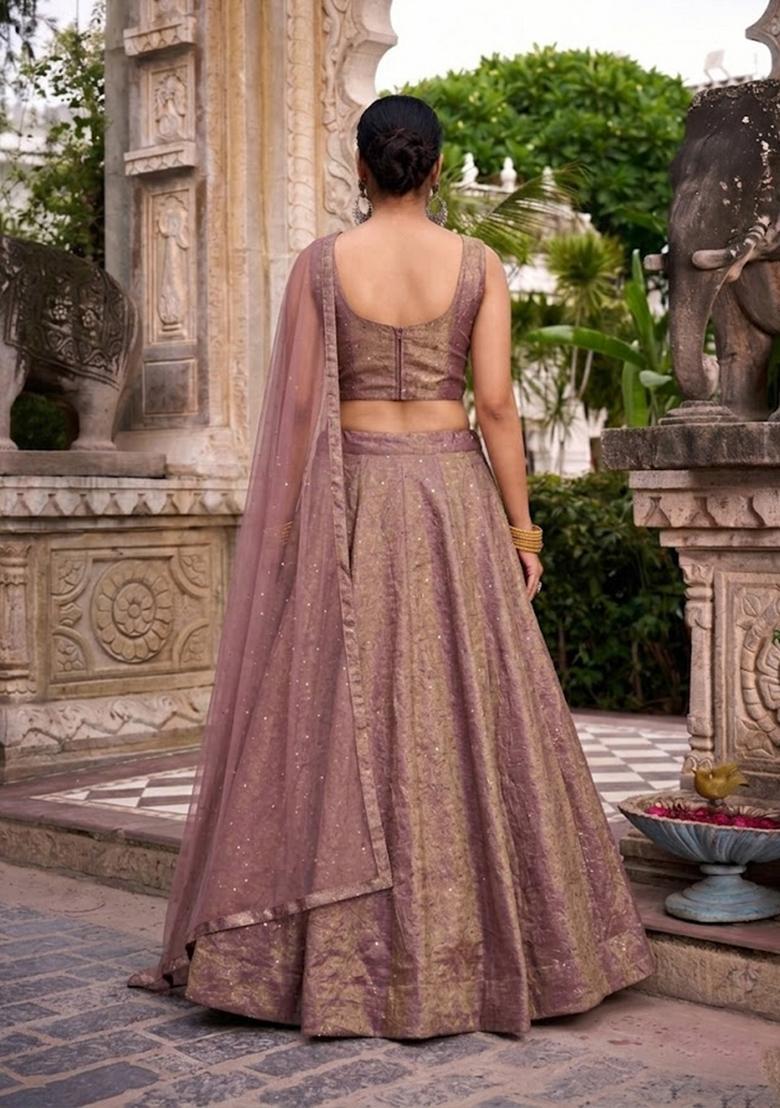 Mauve Embroidered Crepe Lehenga Set - Indya