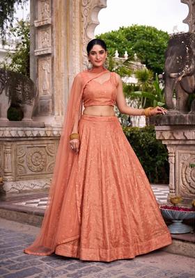 Peach Embroidered Crepe Lehenga Set