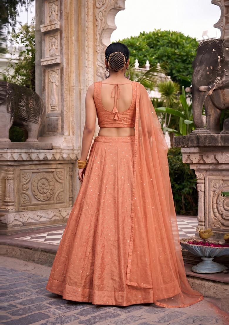 Peach Embroidered Crepe Lehenga Set - Indya