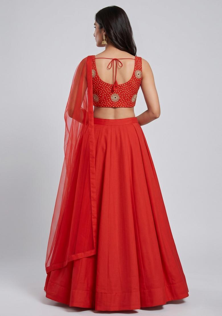 Bright Red Printed Crepe Lehenga Set - Indya
