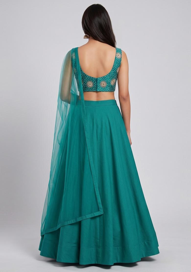 Teal Green Printed Crepe Lehenga Set - Indya