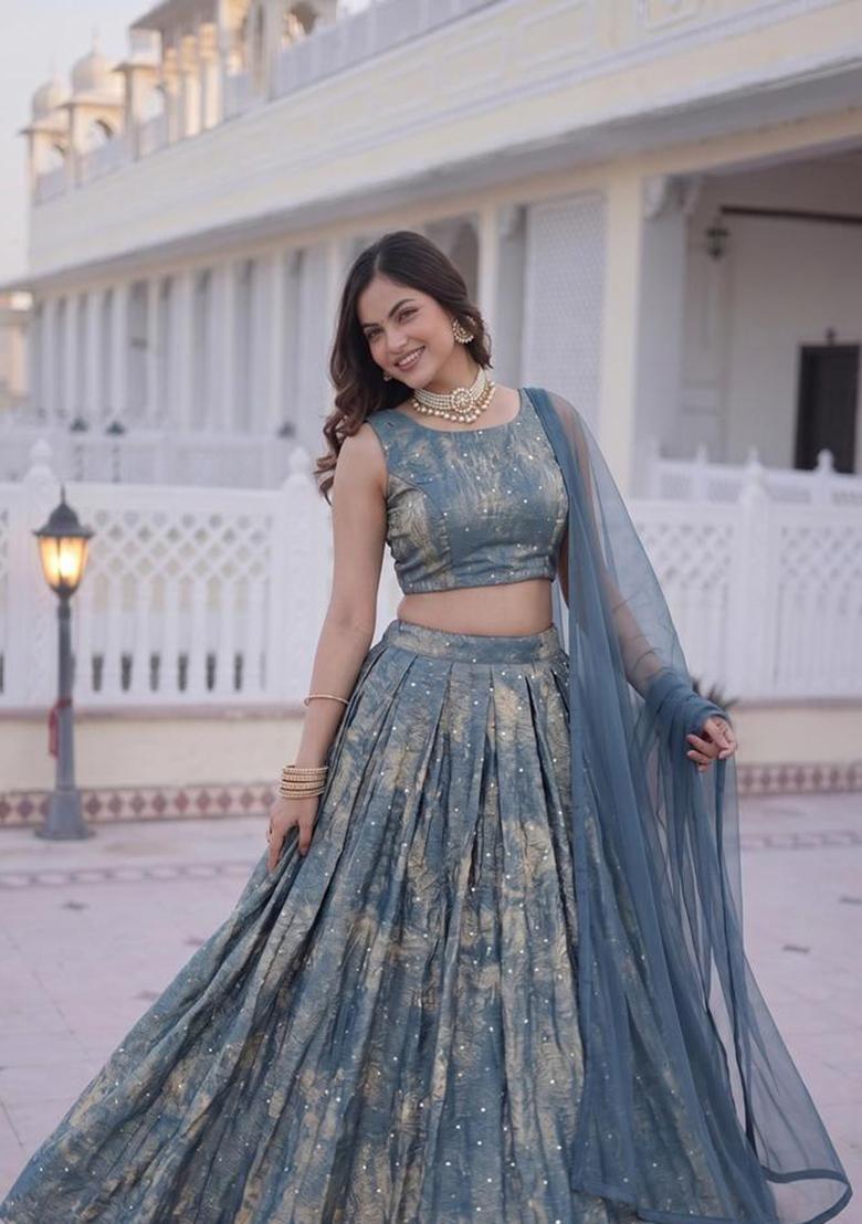 Pastel Blue Embroidered Crepe Lehenga Set - Indya