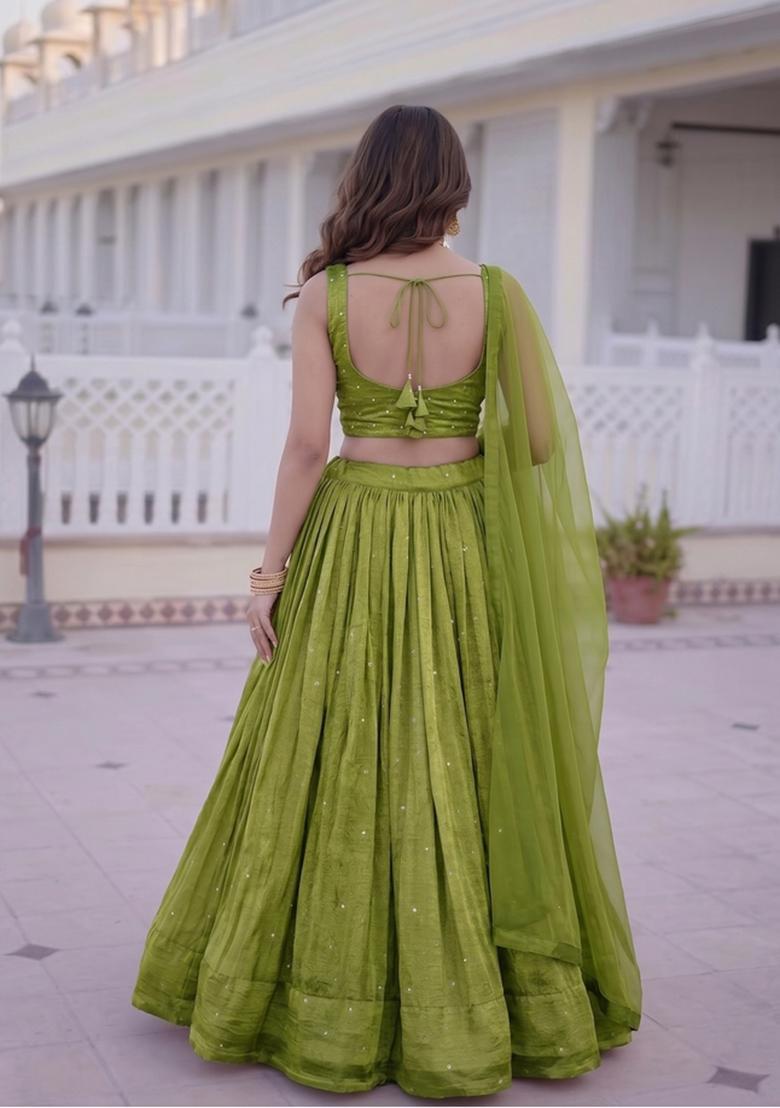 Olive Green Embroidered Crepe Lehenga Set - Indya