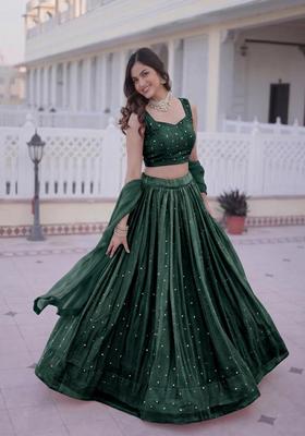 Bottle Green Embroidered Crepe Lehenga Set