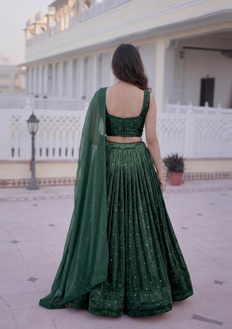 Bottle Green Embroidered Crepe Lehenga Set - Indya