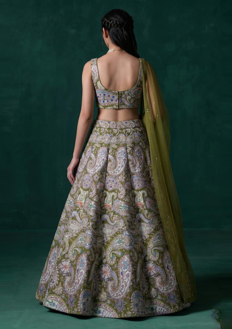 Olive Green Printed Crepe Lehenga Set - Indya