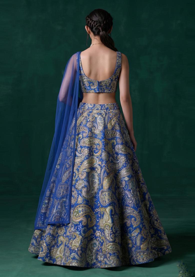 Royal Blue Printed Crepe Lehenga Set - Indya