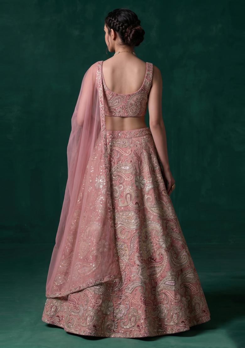 Pastel Pink Printed Crepe Lehenga Set - Indya