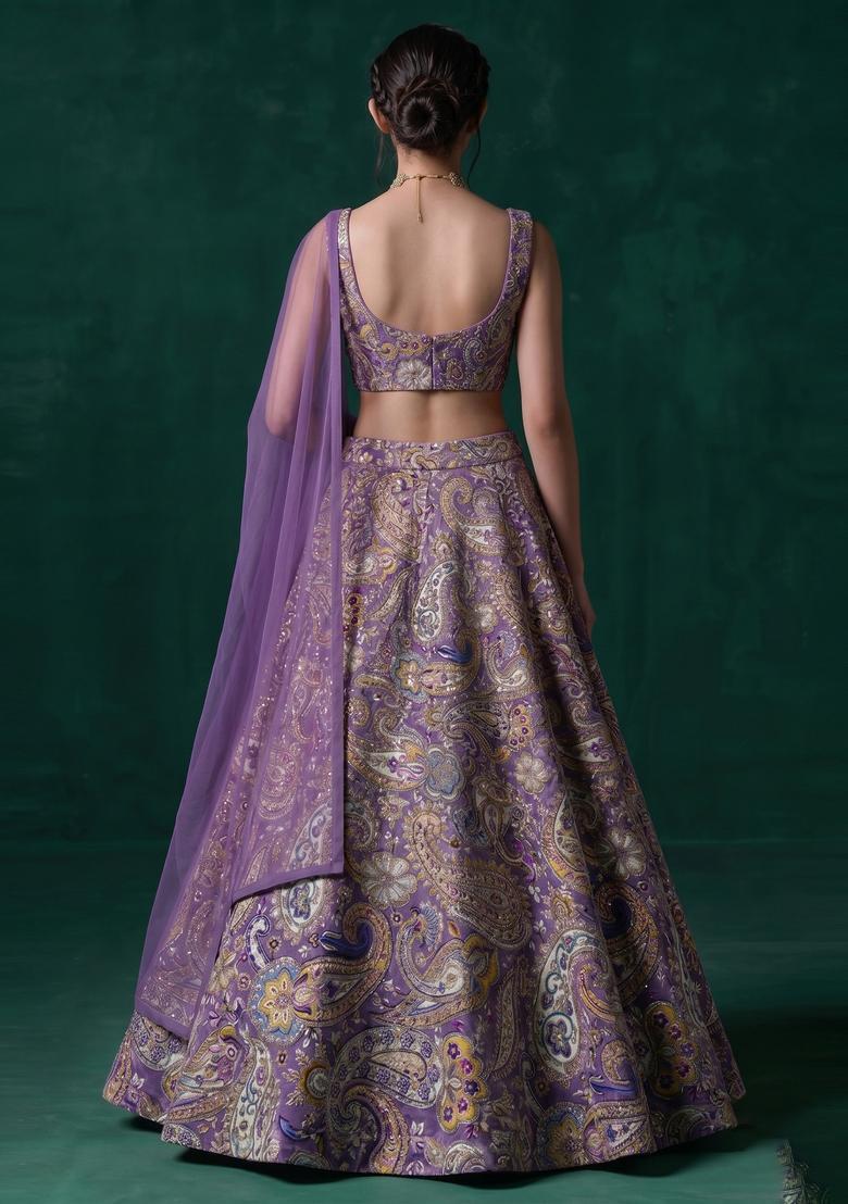 Purple Printed Crepe Lehenga Set - Indya