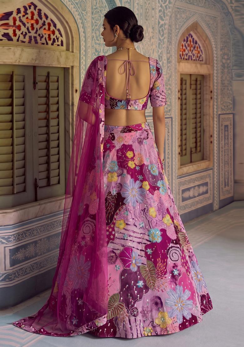 Pink Printed Crepe Lehenga Set - Indya