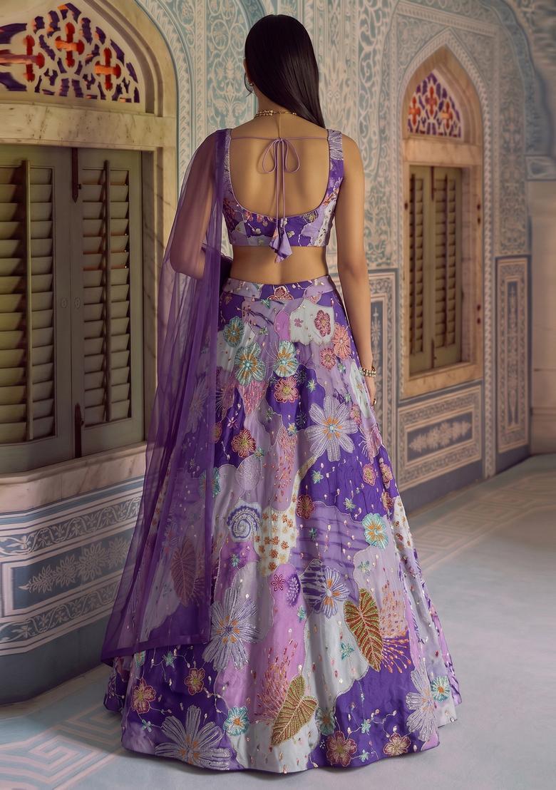 Purple Printed Crepe Lehenga Set - Indya