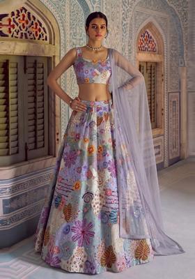 Powder Blue Printed Crepe Lehenga Set
