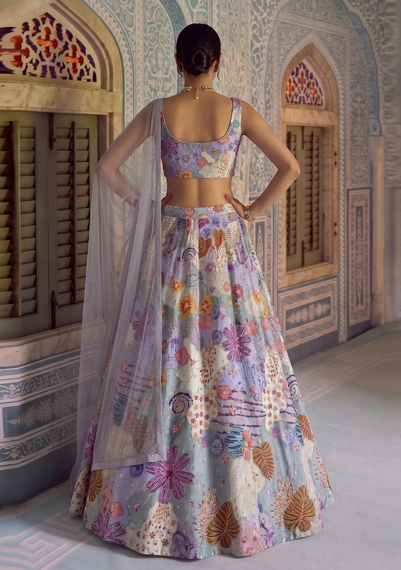 Powder Blue Printed Crepe Lehenga Set - Indya
