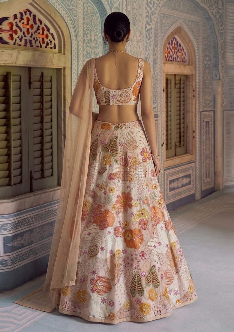 Beige Printed Crepe Lehenga Set - Indya