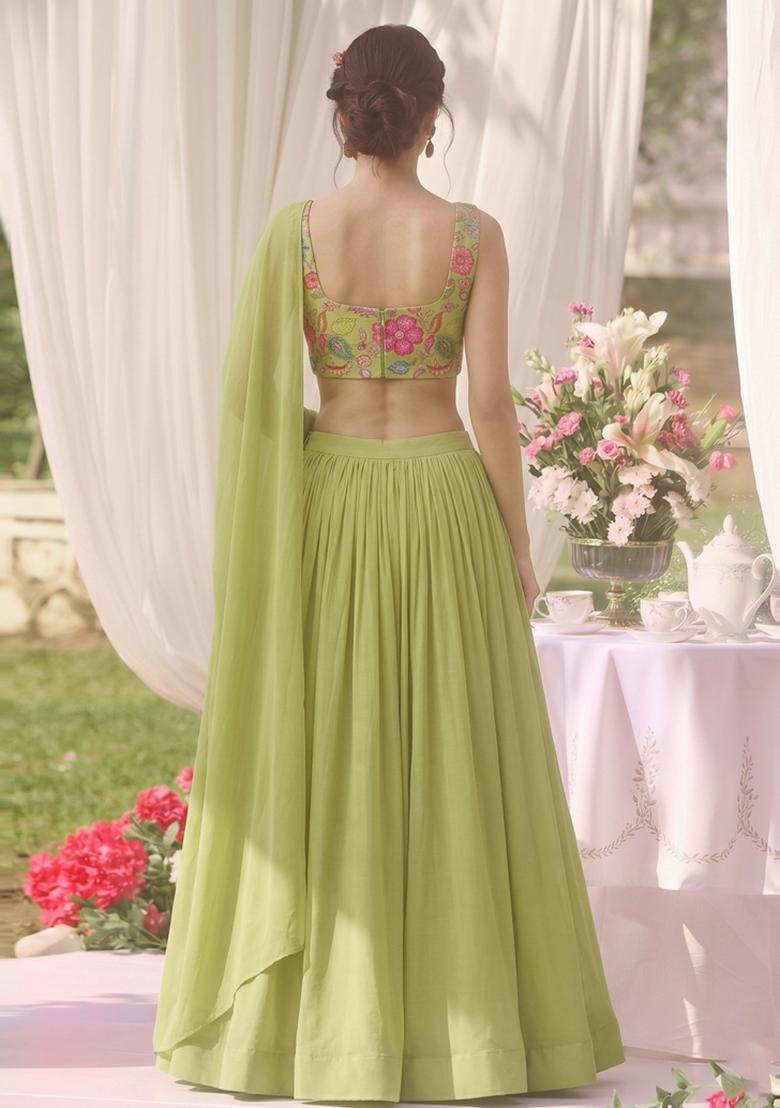 Lime Green Printed Lehenga Set - Indya