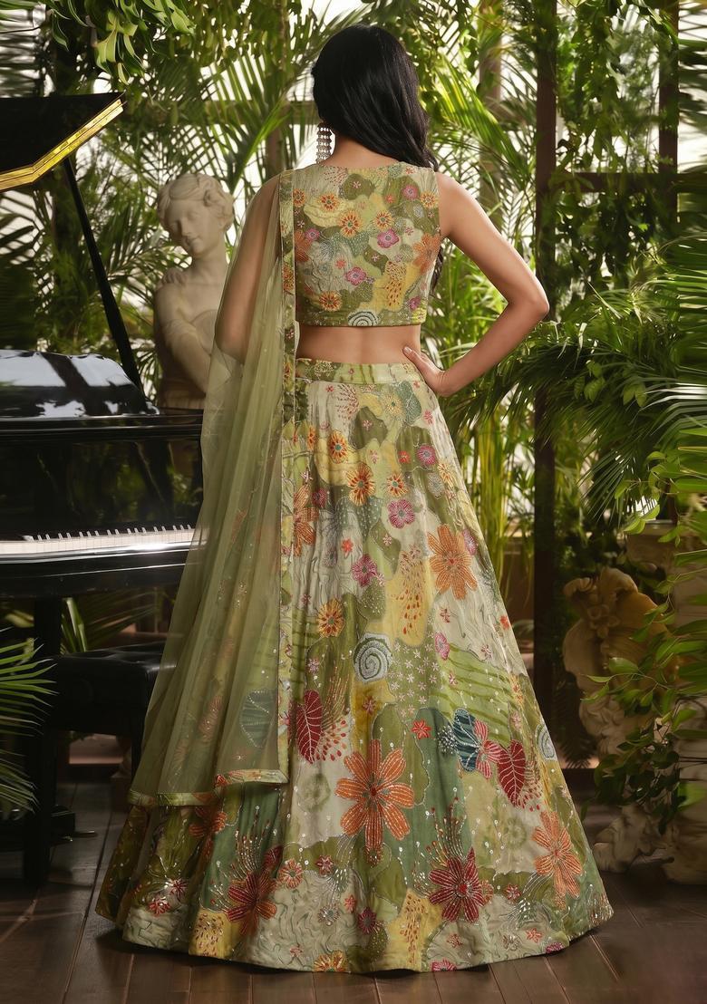 Olive Green Printed Crepe Lehenga Set - Indya