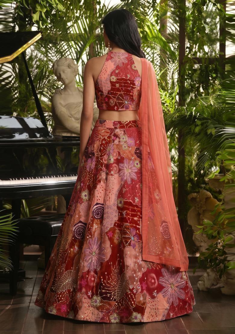 Red Printed Crepe Lehenga Set - Indya