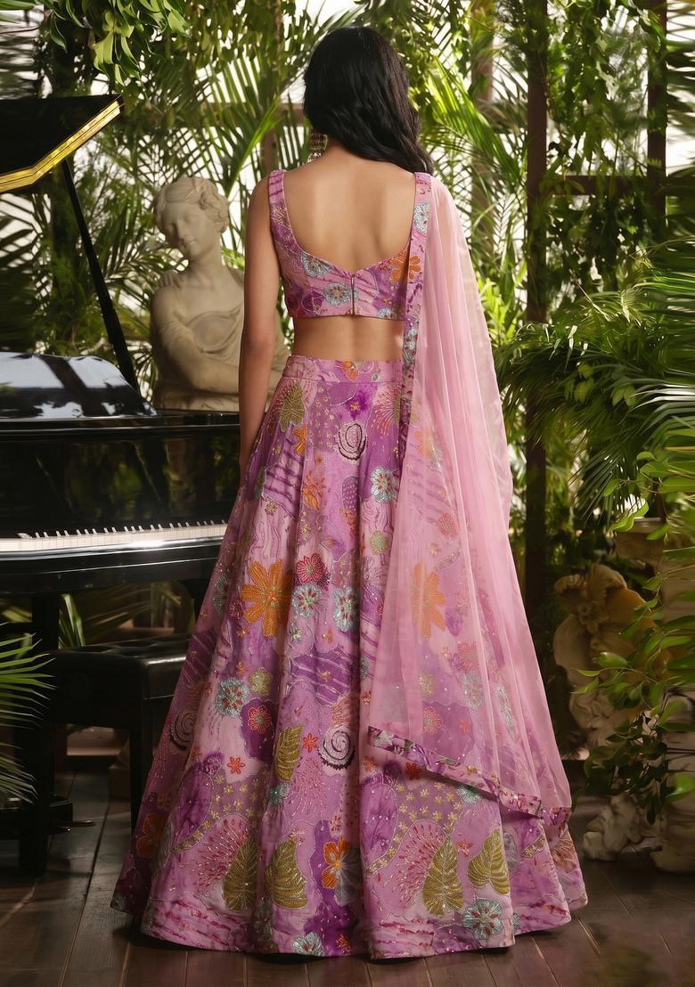 Pastel Pink Printed Crepe Lehenga Set - Indya