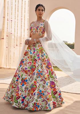 White Printed Crepe Lehenga Set