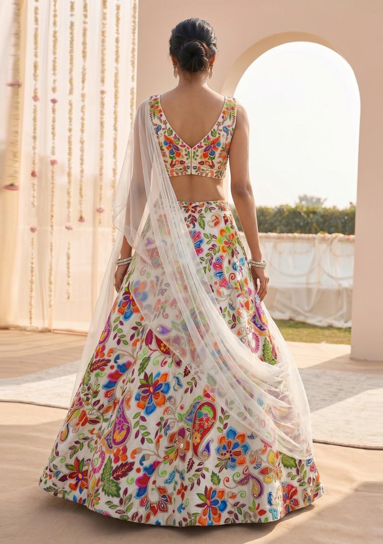 White Printed Crepe Lehenga Set - Indya