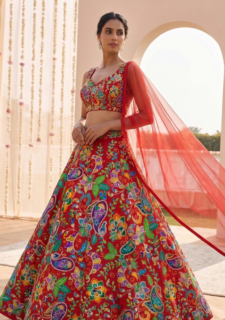 Red Printed Crepe Lehenga Set - Indya