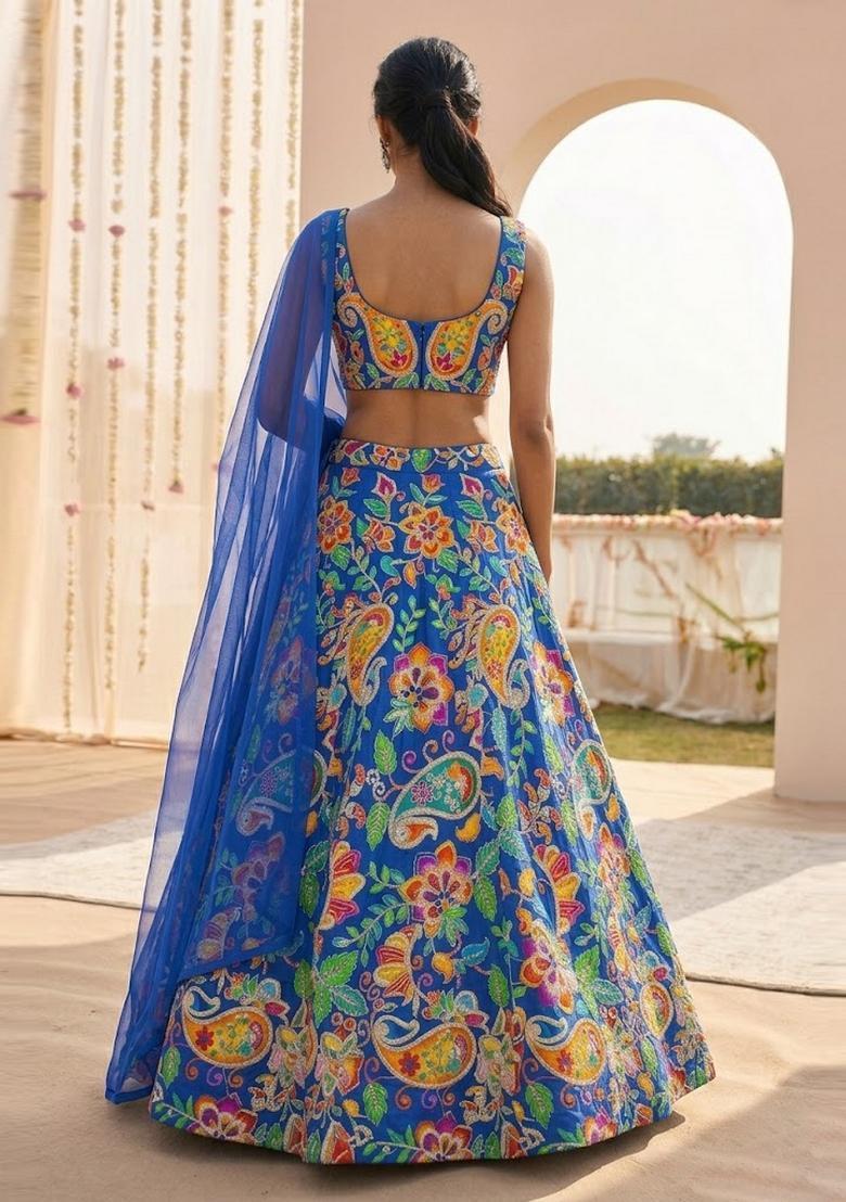 Royal Blue Printed Crepe Lehenga Set - Indya