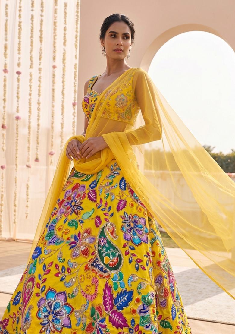 Bright Yellow Printed Crepe Lehenga Set - Indya