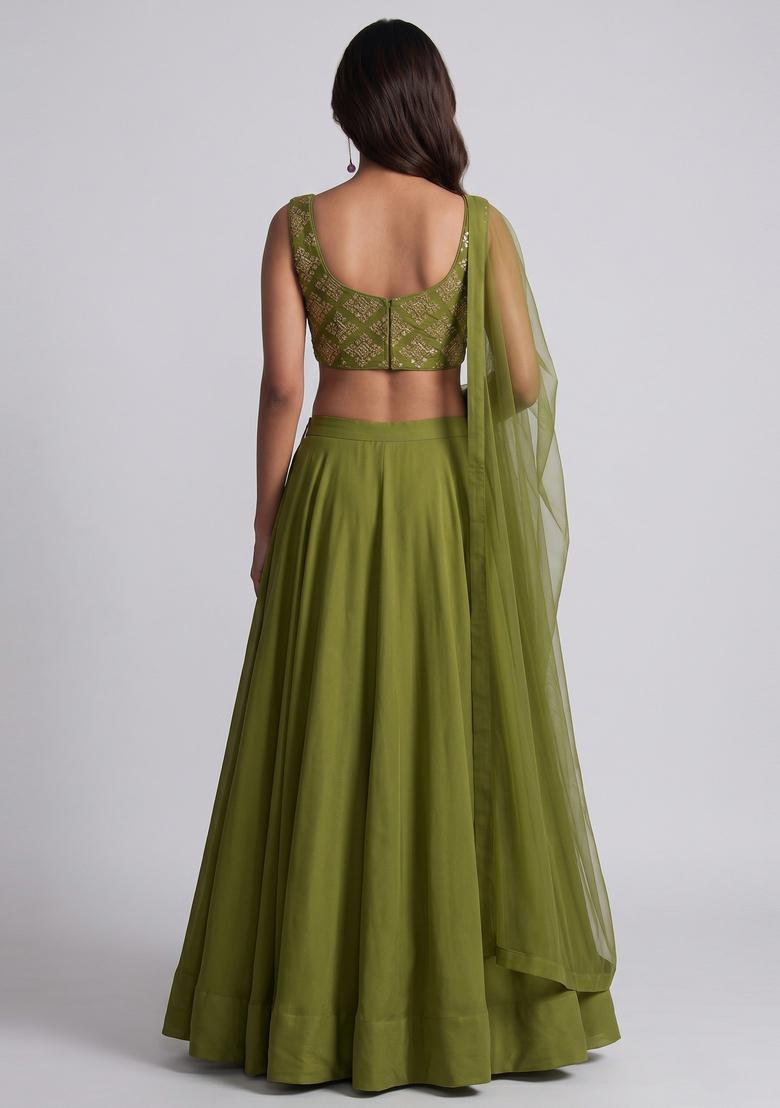 Olive Green Embroidered Crepe Lehenga Set - Indya