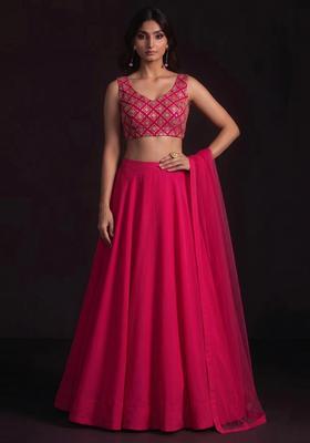Pink Embroidered Crepe Lehenga Set