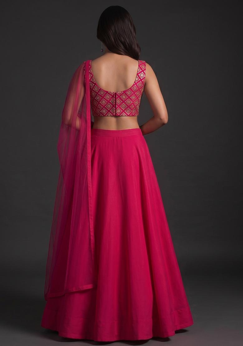 Pink Embroidered Crepe Lehenga Set - Indya