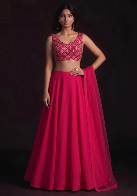 Pink Embroidered Crepe Lehenga Set