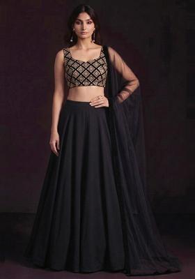Black Embroidered Crepe Lehenga Set