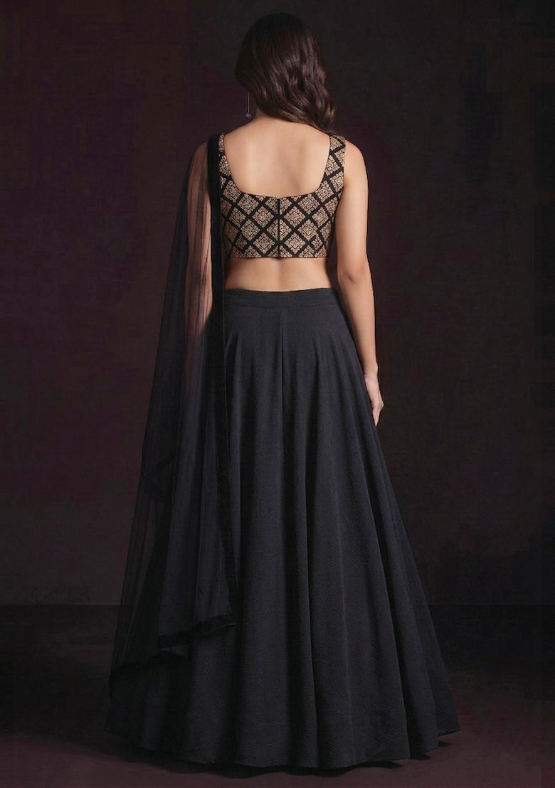 Black Embroidered Crepe Lehenga Set - Indya