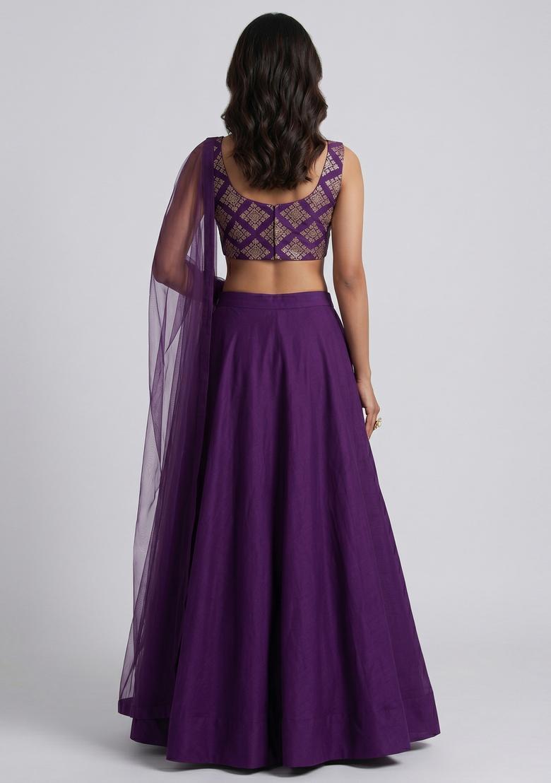 Purple Embroidered Crepe Lehenga Set - Indya