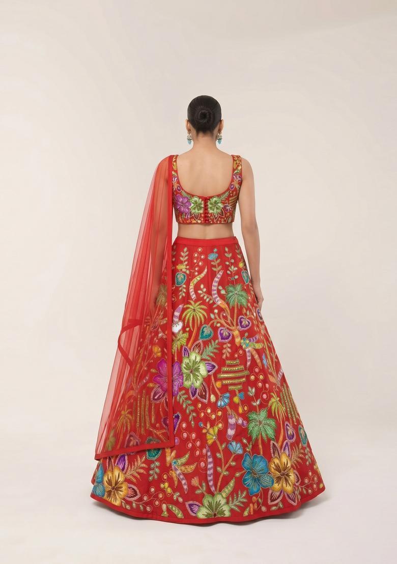 Bright Red Printed Crepe Lehenga Set - Indya