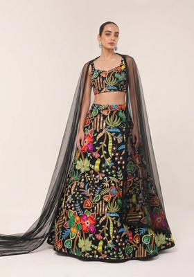 Black Printed Crepe Lehenga Set