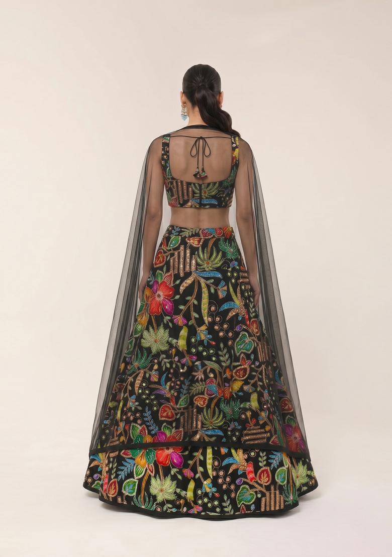 Black Printed Crepe Lehenga Set - Indya