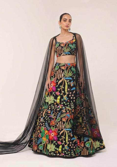 Black Printed Crepe Lehenga Set
