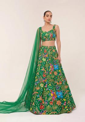Emerald Green Printed Crepe Lehenga Set