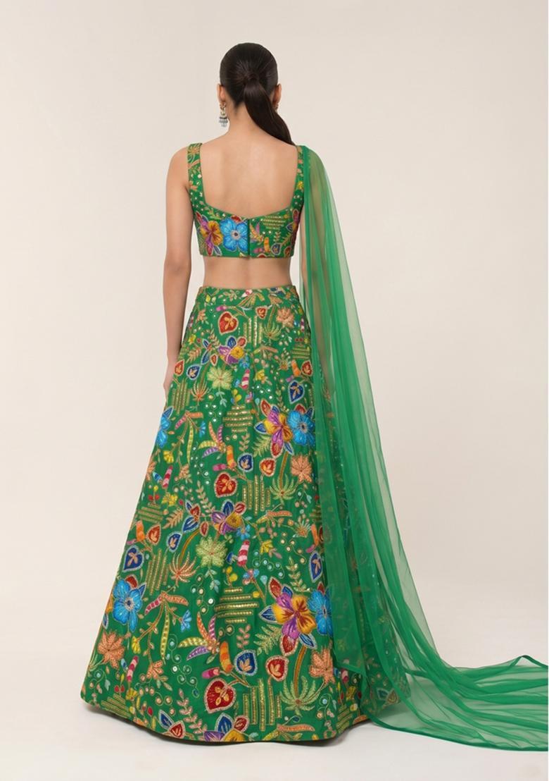 Emerald Green Printed Crepe Lehenga Set - Indya