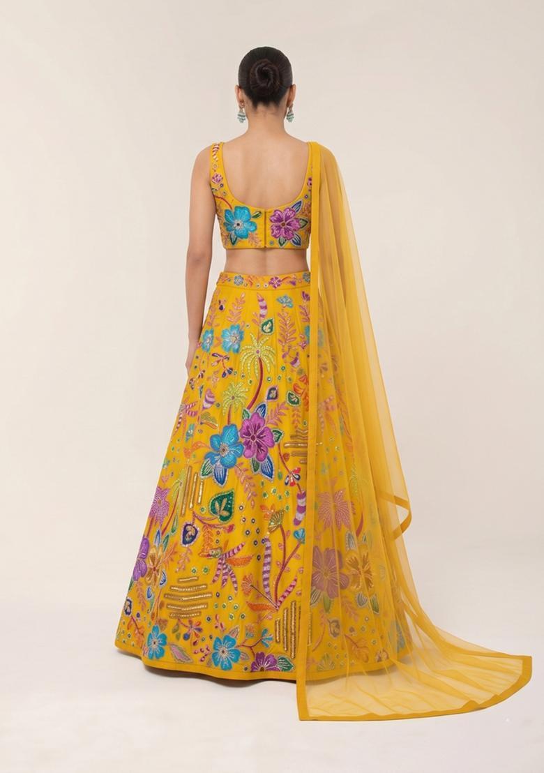 Mustard Yellow Printed Crepe Lehenga Set - Indya