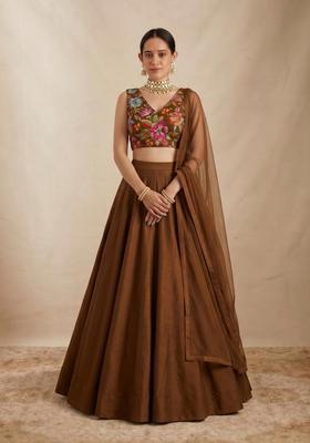 Coffee Brown Printed Crepe Lehenga Set