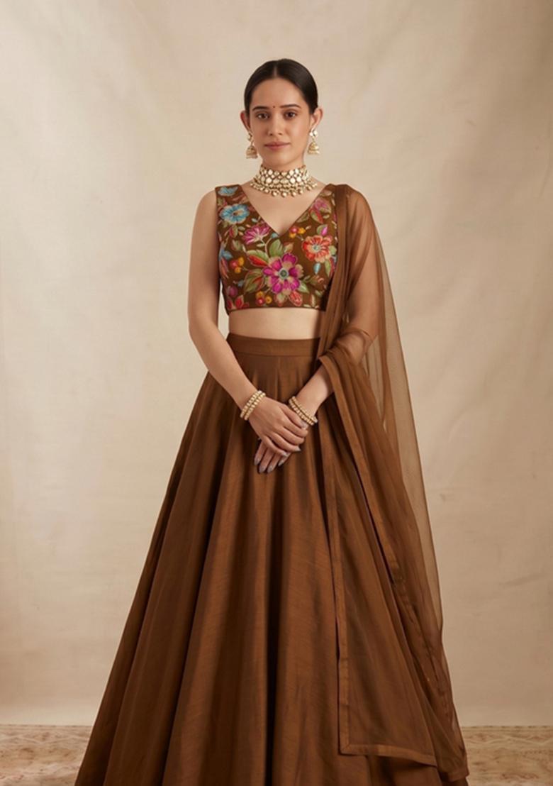 Coffee Brown Printed Crepe Lehenga Set - Indya