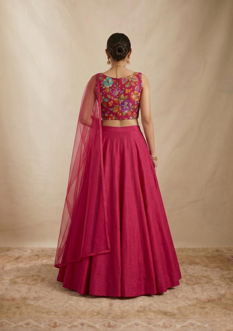 Magenta Printed Crepe Lehenga Set - Indya