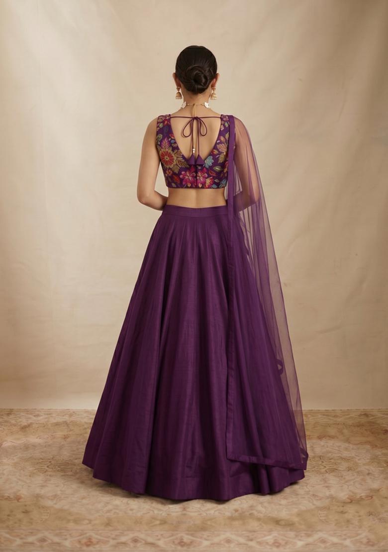 Deep Purple Printed Crepe Lehenga Set - Indya