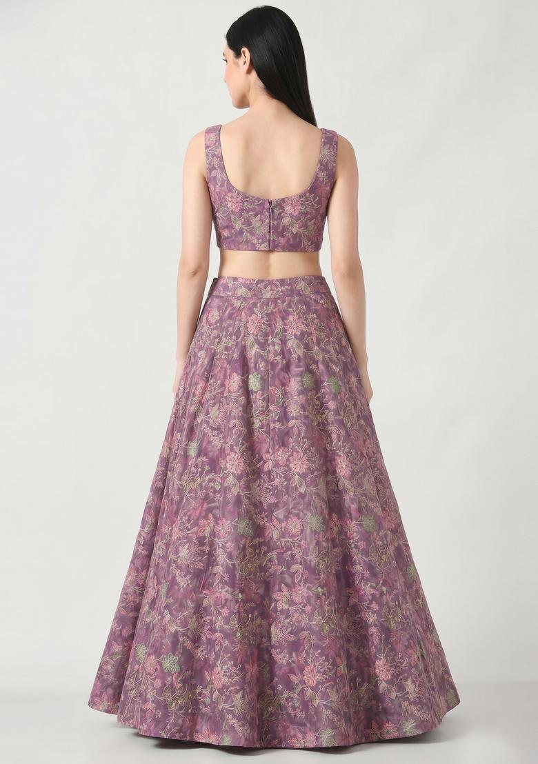 Mauve Printed Crepe Lehenga Set - Indya