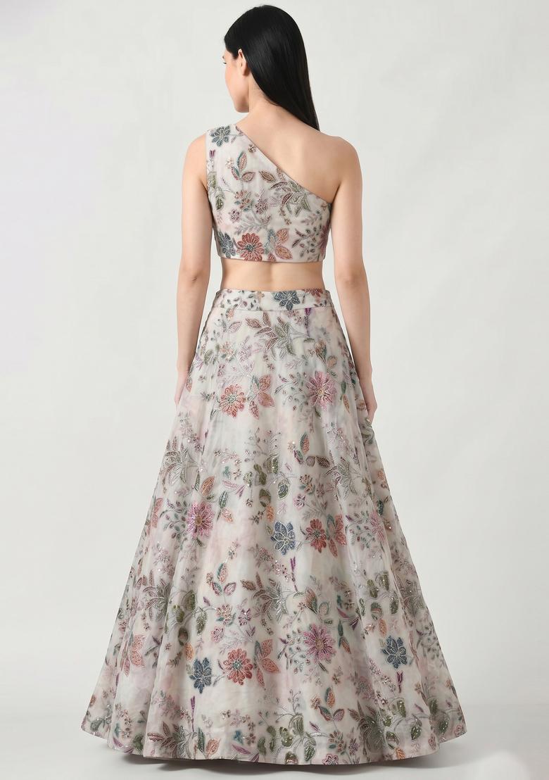 Off-White Printed Crepe Lehenga Set - Indya