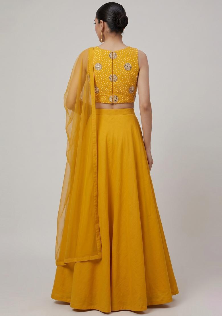 Mustard Yellow Printed Crepe Lehenga Set - Indya