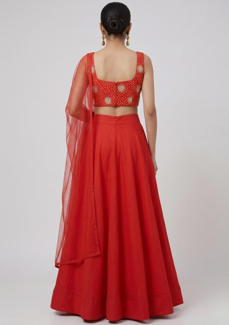 Bright Red Printed Crepe Lehenga Set - Indya